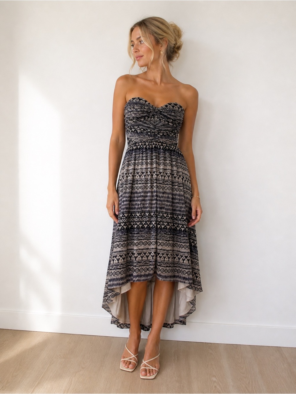 Free People Strapless Boho High Low Festival Dress Neutral Print Cream Lined Sma